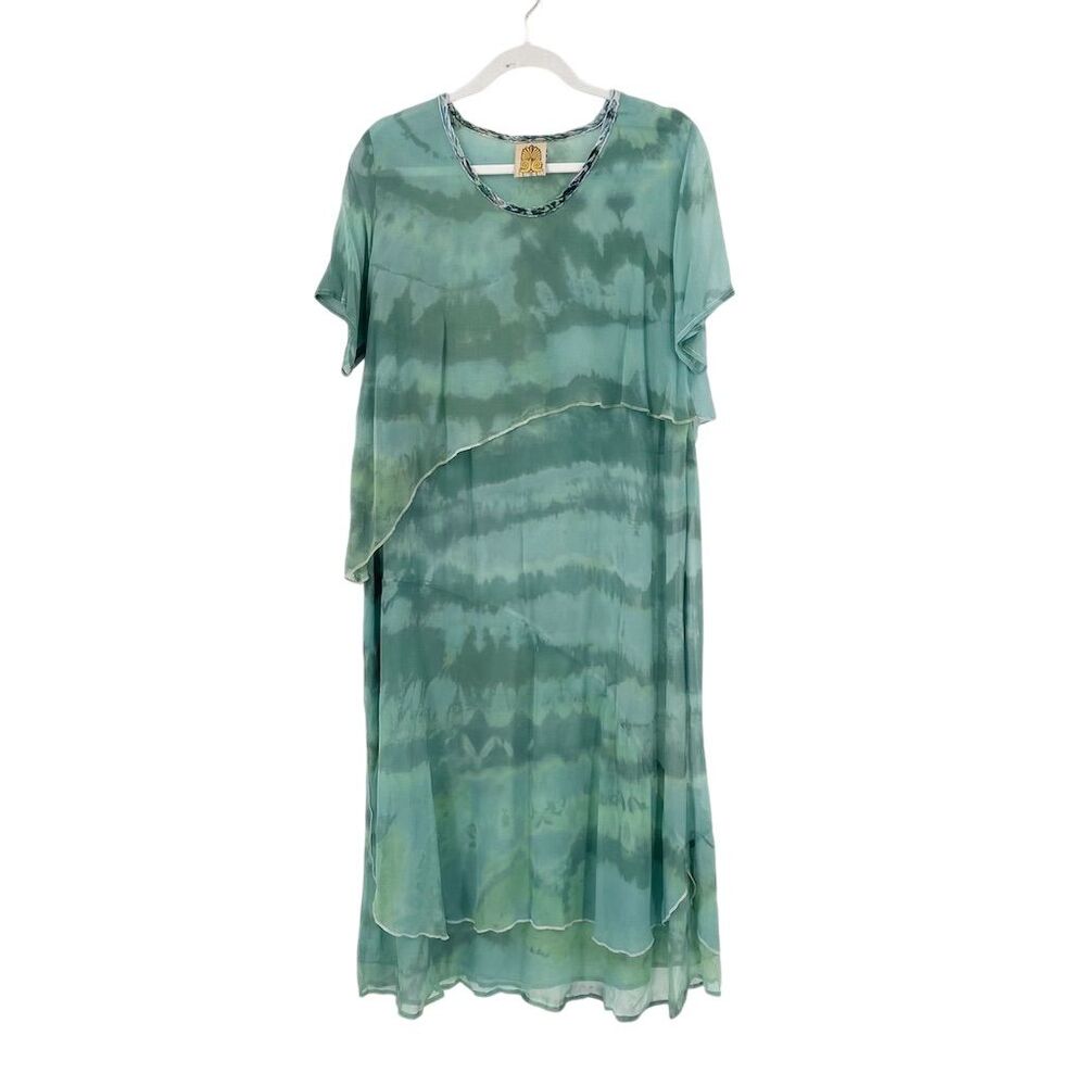 URU Women's Hand Dyed Silk Maxi Dress One Size Green Tie‎ Dye Sheer Tiered Artsy